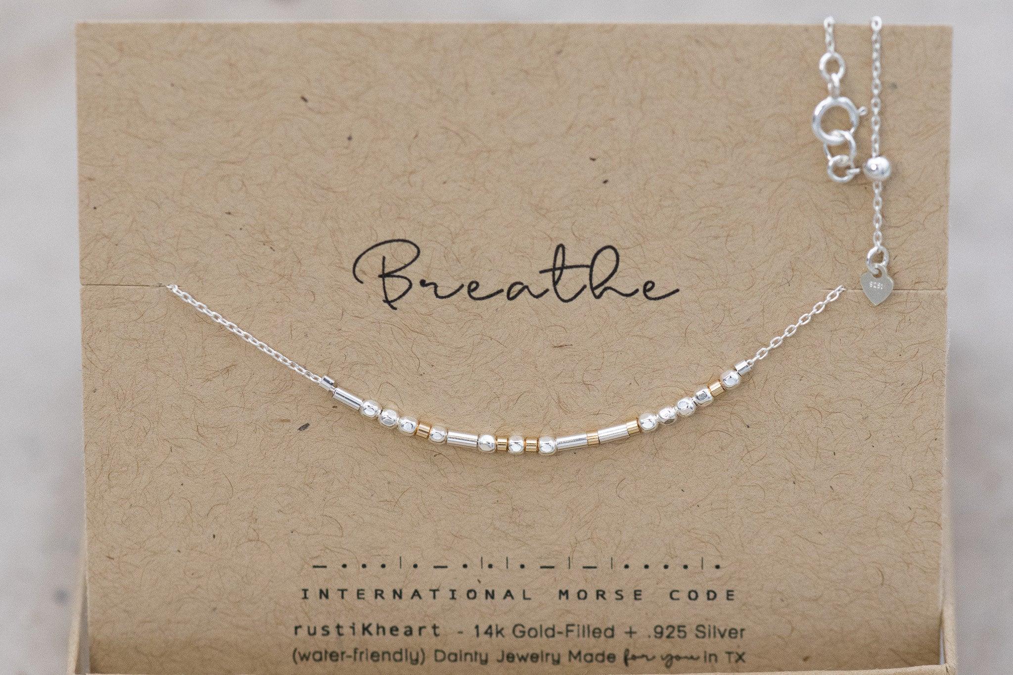 Custom Morse Code Silver Necklace - Personalized Gift Morse Code Jewelry Breathe Necklace Remember to Breathe Yoga Relax Yogi Gift - Morse and Dainty