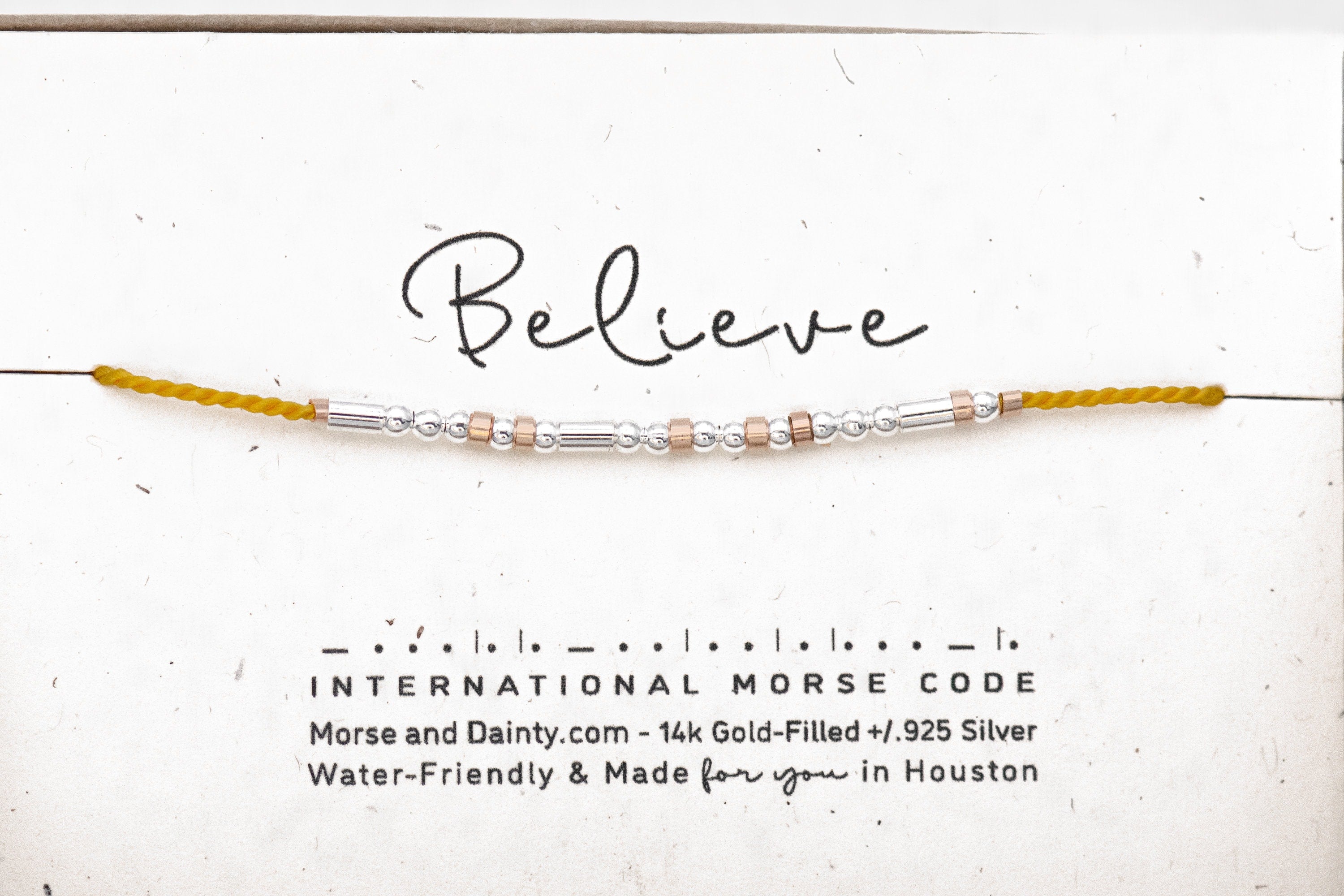 Believe Morse Code Bracelet on Yellow Cord. Reminder Motivational Token for Encouragement to Believe. Don't Give Up, Have Faith
