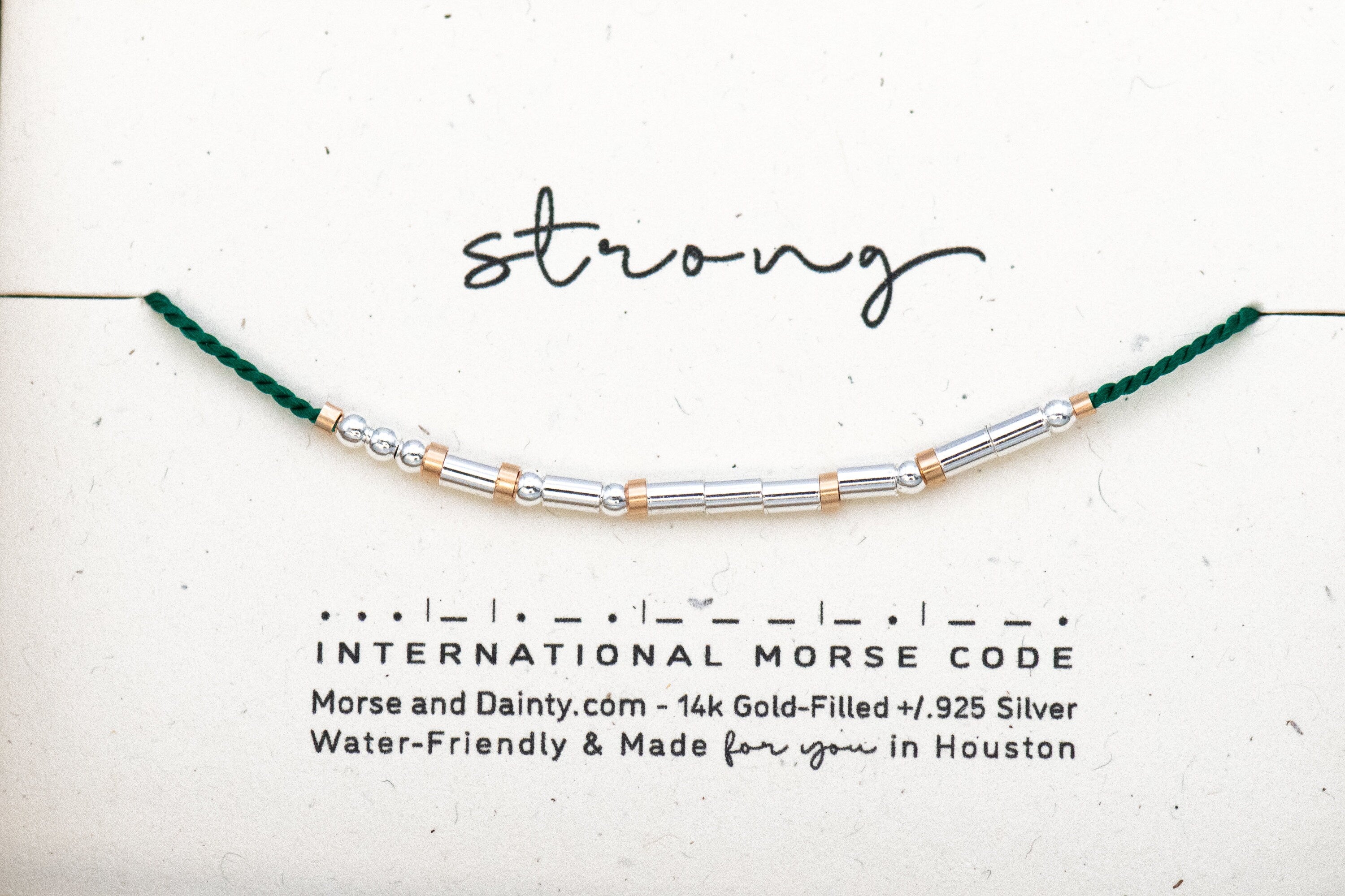 Strong Morse Code Bracelet on Green Cord. Reminder Motivational Token for Encouragement to Be Strong