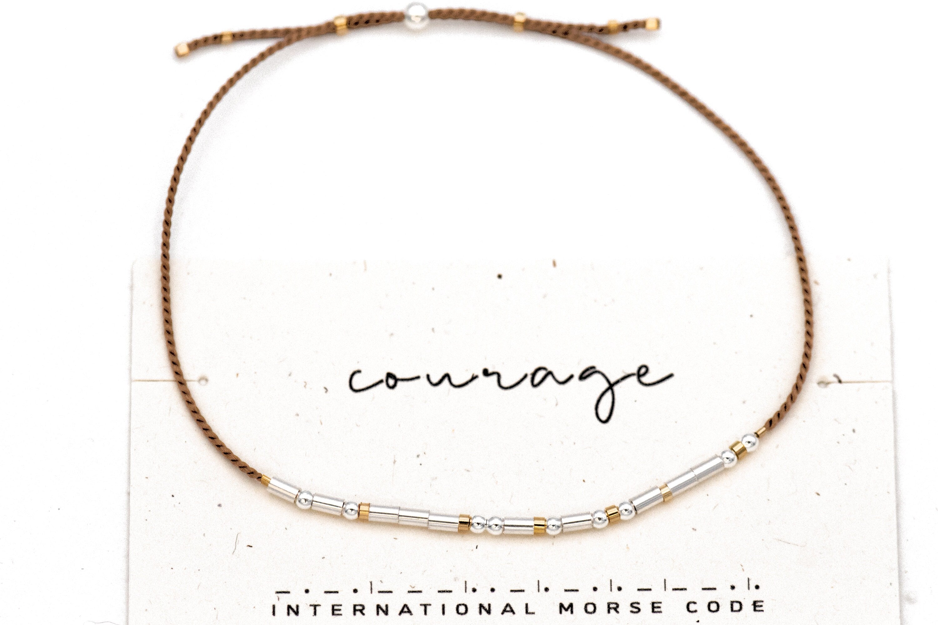 Courage Morse Code Bracelet, Ships Out Nxt Day. Strength or Other Words in Morse, Silver Beads, Water-Friendly Top Affirmation Gifts