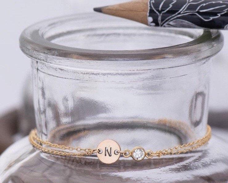 Nasreen Bracelet • Gold Initial Bracelet Bridesmaids Gift Bracelet Round Initial Disc Monogram Bracelet Personalized Letter Gold Filled CZ - Morse and Dainty