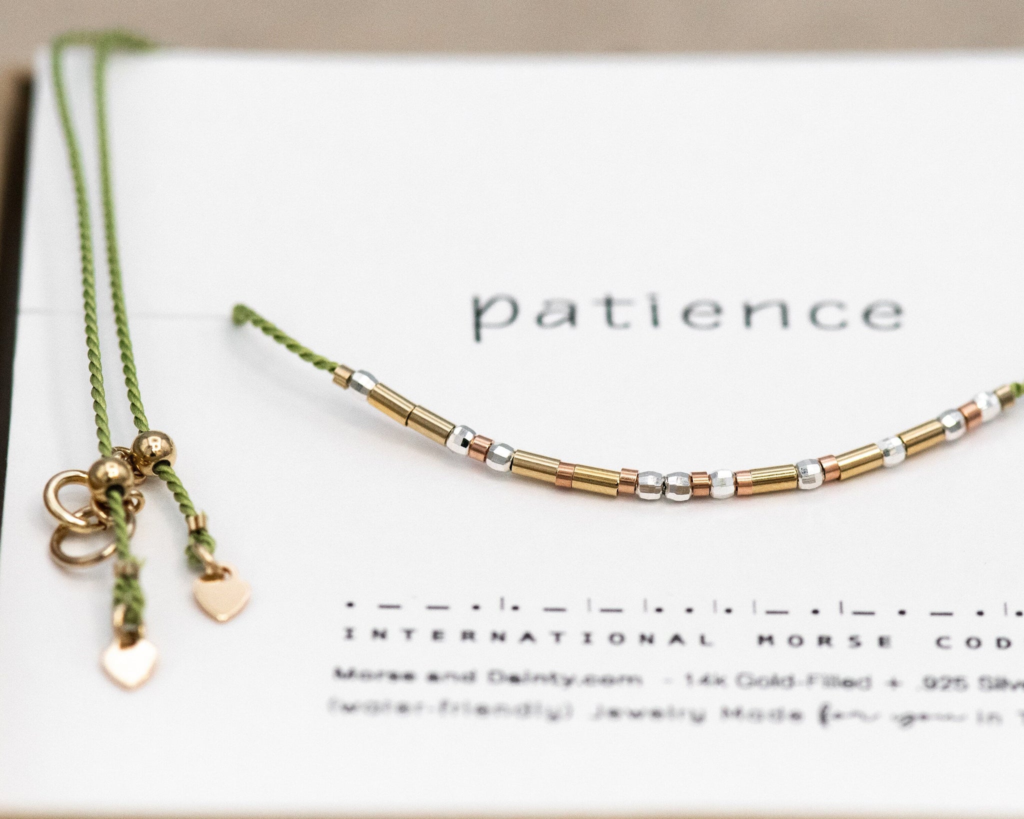 Morse Code Cord Necklace on Jade Light Green Cord or Any Color, Patience in Morse Code or Any Custom Word or Personalized Morse Code Phrase